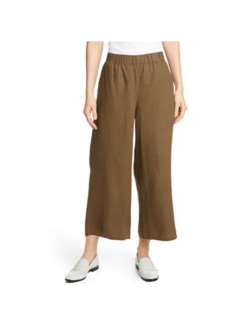 Eileen Fisher Brown Linen Wide Leg Pull On Pants